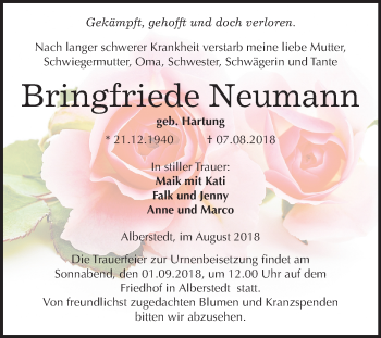 Traueranzeige von Bringfriede Neumann von Mitteldeutsche Zeitung Merseburg/Querfurt