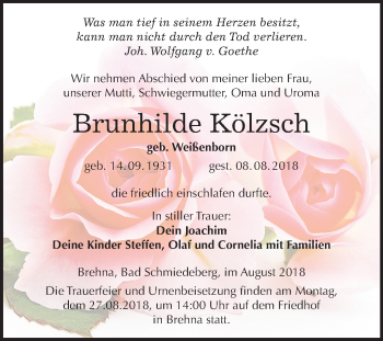 Traueranzeige von Brunhilde Kölzsch von Mitteldeutsche Zeitung Bitterfeld