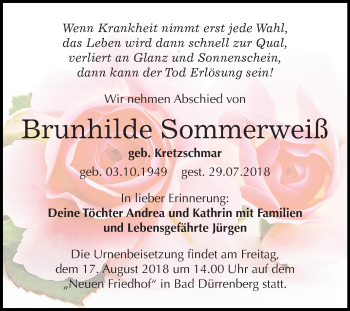 Traueranzeige von Brunhilde Sommerweiß von Mitteldeutsche Zeitung