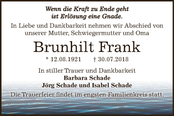 Traueranzeige von Brunhilt Frank von WVG - Wochenspiegel Dessau / Köthen
