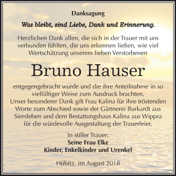 Traueranzeige von Bruno Hauser von Mitteldeutsche Zeitung