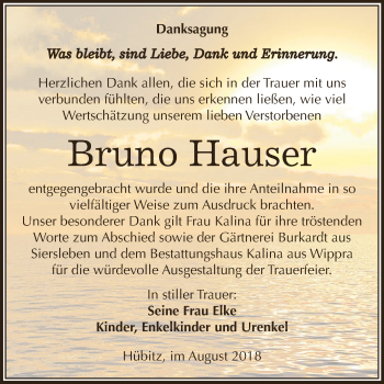 Traueranzeige von Bruno Hauser von Wochenspiegel Mansfelder Land