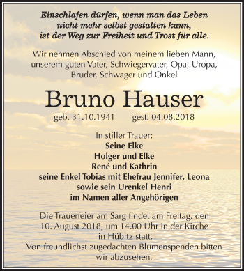 Traueranzeige von Bruno Hauser von Mitteldeutsche Zeitung