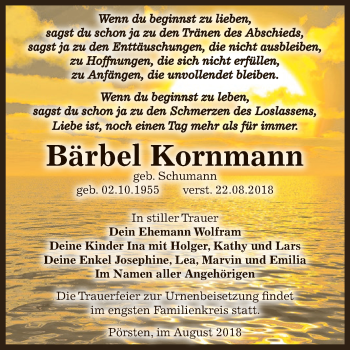 Traueranzeige von Bärbel Kornmann von WVG - Wochenspiegel NMB / WSF / ZTZ