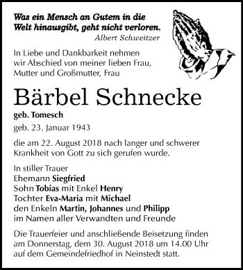 Traueranzeige von Bärbel Schnecke von WVG - Wochenspiegel Quedlinburg