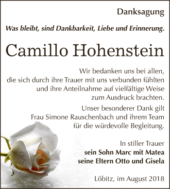Traueranzeige von Camillo Hohenstein von WVG - Wochenspiegel NMB / WSF / ZTZ