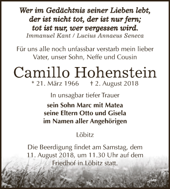 Traueranzeige von Camillo Hohenstein von WVG - Wochenspiegel NMB / WSF / ZTZ