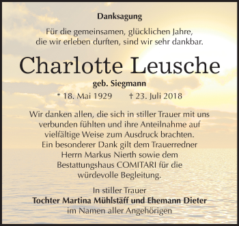 Traueranzeige von Charlotte Leusche von Mitteldeutsche Zeitung Weißenfels