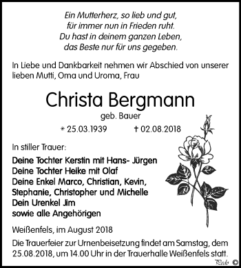 Traueranzeige von Christa Bergmann von Mitteldeutsche Zeitung Weißenfels