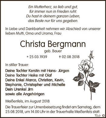 Traueranzeige von Christa Bergmann von WVG - Wochenspiegel NMB / WSF / ZTZ