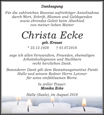 Traueranzeige von Christa Ecke von Mitteldeutsche Zeitung Halle/Saalkreis