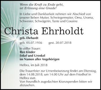 Traueranzeige von Christa Ehrholdt von Mitteldeutsche Zeitung