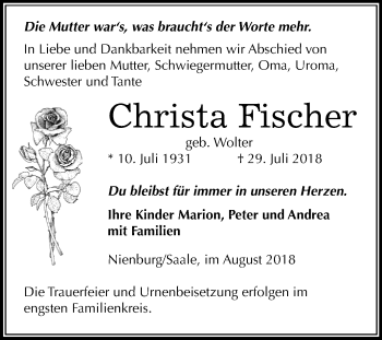 Traueranzeige von Christa Fischer von Mitteldeutsche Zeitung Bernburg