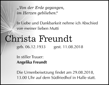 Traueranzeige von Christa Freundt von Mitteldeutsche Zeitung Halle/Saalkreis