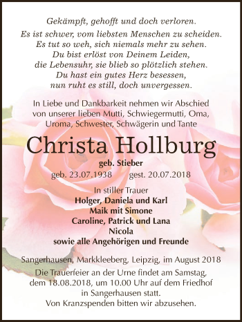 Traueranzeige von Christa Hollburg von Super Sonntag SGH Mansf. Land