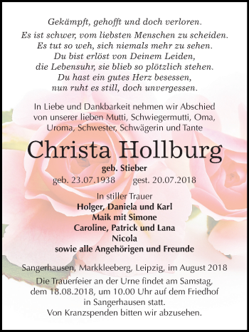 Traueranzeige von Christa Hollburg von Mitteldeutsche Zeitung Sangerhausen