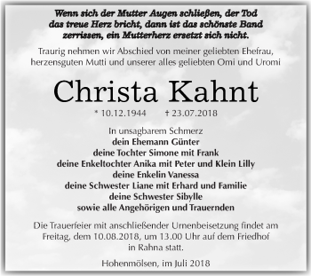 Traueranzeige von Christa Kahnt von WVG - Wochenspiegel Merseburg