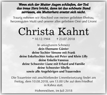Traueranzeige von Christa Kahnt von Mitteldeutsche Zeitung Weißenfels