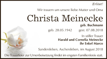 Traueranzeige von Christa Meinecke von Super Sonntag Aschersleben