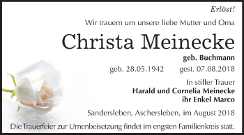 Traueranzeige von Christa Meinecke von Mitteldeutsche Zeitung Aschersleben