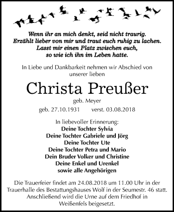 Traueranzeige von Christa Preußer von Mitteldeutsche Zeitung Weißenfels
