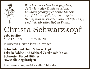 Traueranzeige von Christa Schwarzkopf von WVG - Wochenspiegel Dessau / Köthen