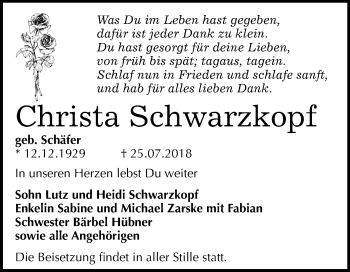 Traueranzeige von Christa Schwarzkopf von Mitteldeutsche Zeitung