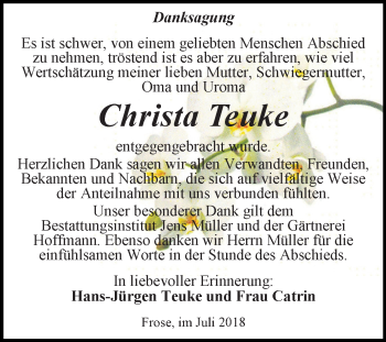 Traueranzeige von Christa Teuke von Mitteldeutsche Zeitung Aschersleben