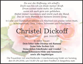 Traueranzeige von Christel Dickoff von Super Sonntag Wittenberg