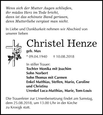 Traueranzeige von Christel Henze von Mitteldeutsche Zeitung Halle/Saalkreis