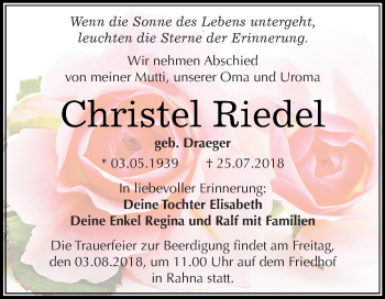 Traueranzeige von Christel Riedel von WVG - Wochenspiegel Merseburg
