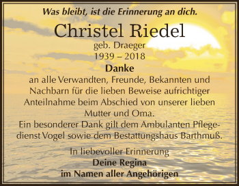 Traueranzeige von Christel Riedel von WVG - Wochenspiegel NMB / WSF / ZTZ