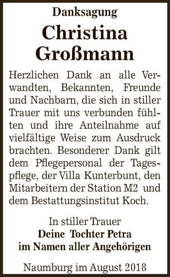 Traueranzeige von Christina Großmann von WVG - Wochenspiegel NMB / WSF / ZTZ
