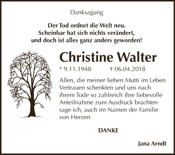 Traueranzeige von Christine Walter von WVG - Wochenspiegel NMB / WSF / ZTZ