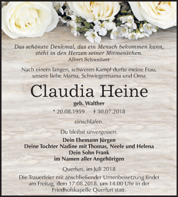 Traueranzeige von Claudia Heine von Mitteldeutsche Zeitung Merseburg/Querfurt