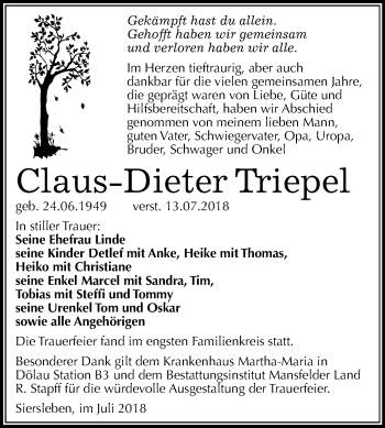 Traueranzeige von Claus-Dieter Triepel von Mitteldeutsche Zeitung