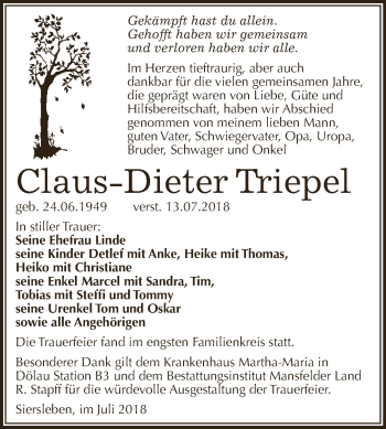 Traueranzeige von Claus Dieter Triepel von Wochenspiegel Mansfelder Land