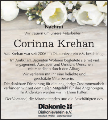 Traueranzeige von Corinna Krehan von WVG - Wochenspiegel Bitterfeld