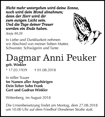 Traueranzeige von Dagmar Anni Peuker von Mitteldeutsche Zeitung