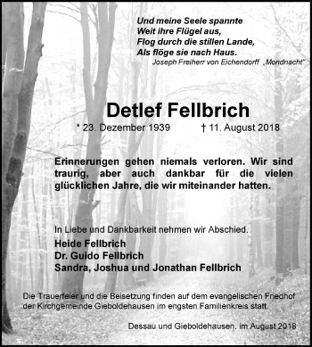 Traueranzeige von Detlef Fellbrich von Mitteldeutsche Zeitung Dessau-Roßlau