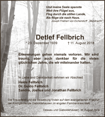 Traueranzeige von Detlef Fellbrich von WVG - Wochenspiegel Dessau / Köthen