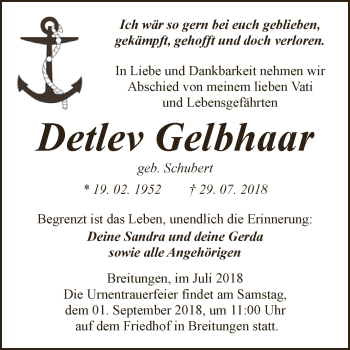 Traueranzeige von Detlev Gelbhaar von Super Sonntag SGH Mansf. Land