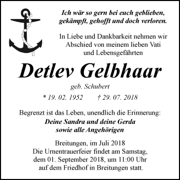 Traueranzeige von Detlev Gelbhaar von Mitteldeutsche Zeitung