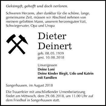 Traueranzeige von Dieter Deinert von Mitteldeutsche Zeitung Sangerhausen