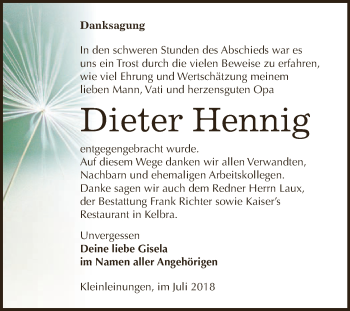 Traueranzeige von Dieter Hennig von WVG - Wochenspiegel SGH
