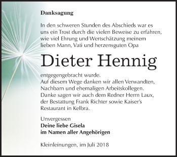 Traueranzeige von Dieter Hennig von Mitteldeutsche Zeitung Sangerhausen