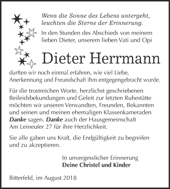 Traueranzeige von Dieter Herrmann von WVG - Wochenspiegel Bitterfeld
