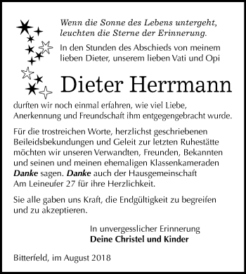 Traueranzeige von Dieter Herrmann von Mitteldeutsche Zeitung Bitterfeld