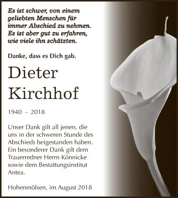 Traueranzeige von Dieter Kirchhof von WVG - Wochenspiegel NMB / WSF / ZTZ