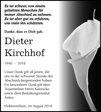 Traueranzeige von Dieter Kirchhof von Mitteldeutsche Zeitung Weißenfels